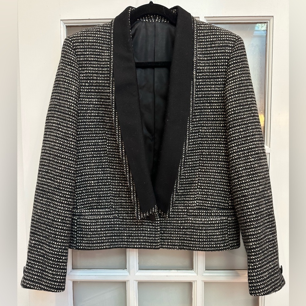 Vintage Enna Vides Designer 100% Wool Tweed Black & Cream Blazer Jacket Size 8 M